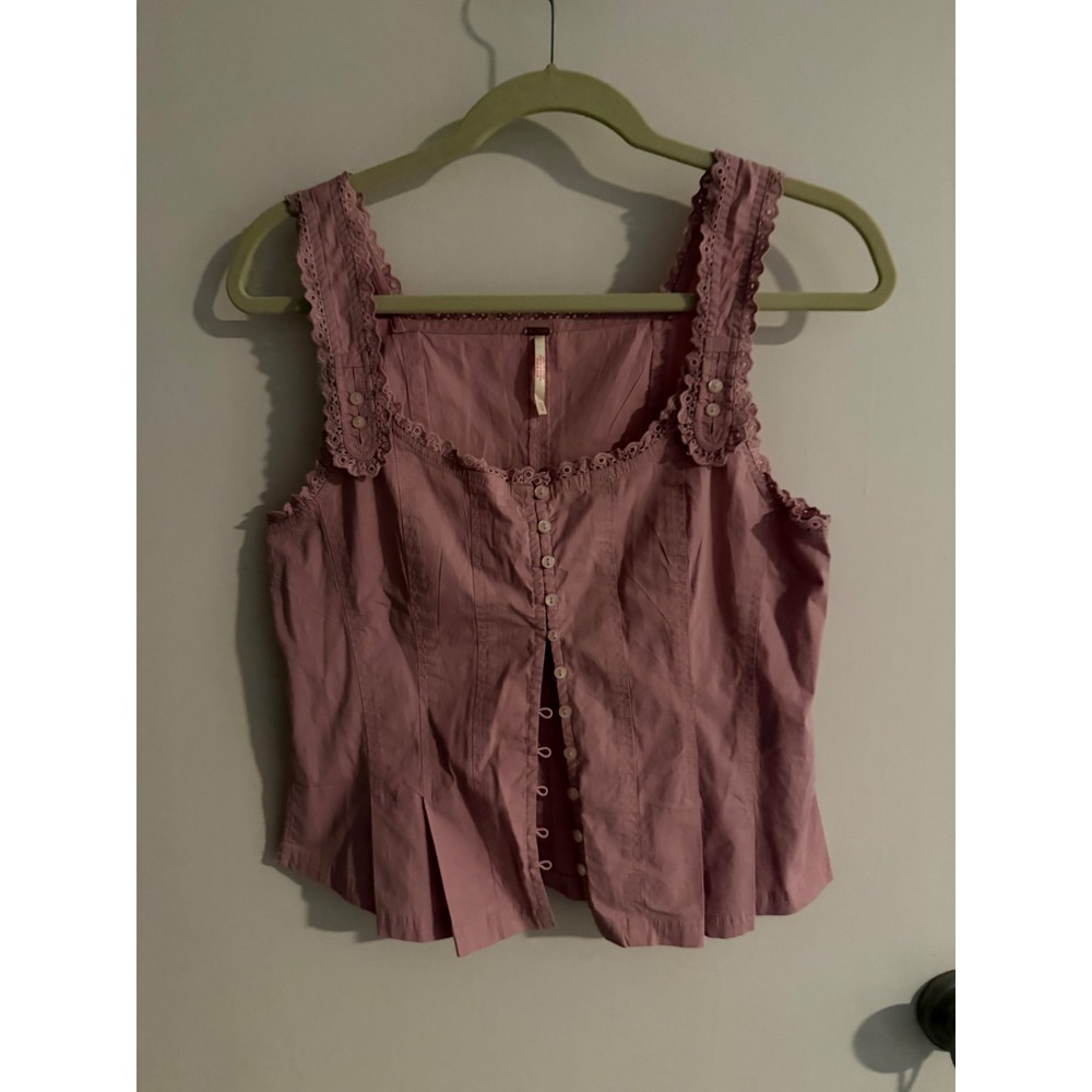 L Free People Mauve Pink Eyelet Lace Trim Button Front Smocked Corset Top Tank